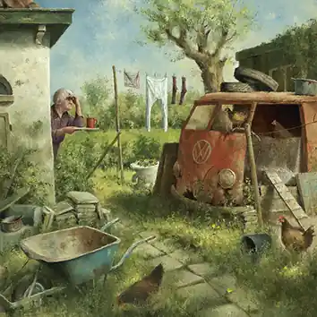 Lage Prijs Wenskaart Marius van Dokkum – Kippenhok – 10×10
