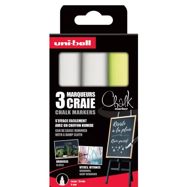 Op = Op Etui met 3 Uni-ball chalk krijtmarker met schuine punt breed