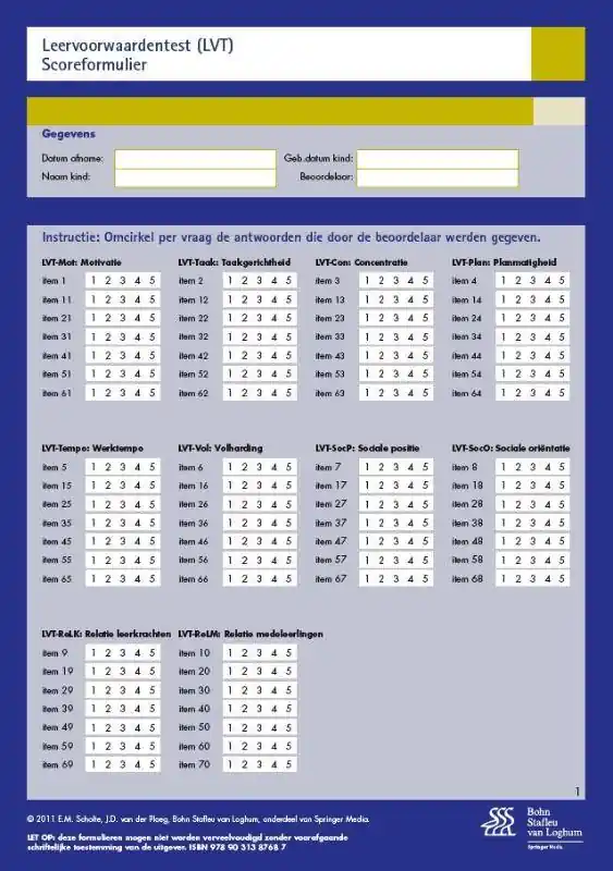 Lage Kosten Leervoorwaardentest (LVT) - scoreformulieren / Druk 1
